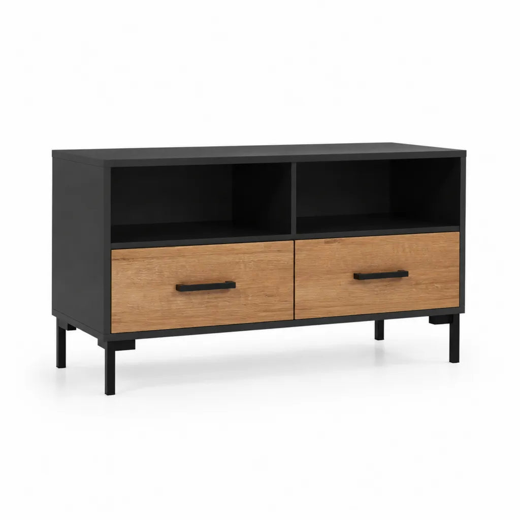 TV-Lowboard mit 2 Schubladen und 2 offenen Fachern Spanplatte Stahl rechteckig Schwarz Eichenbraun 120 x 40 x 75 cm