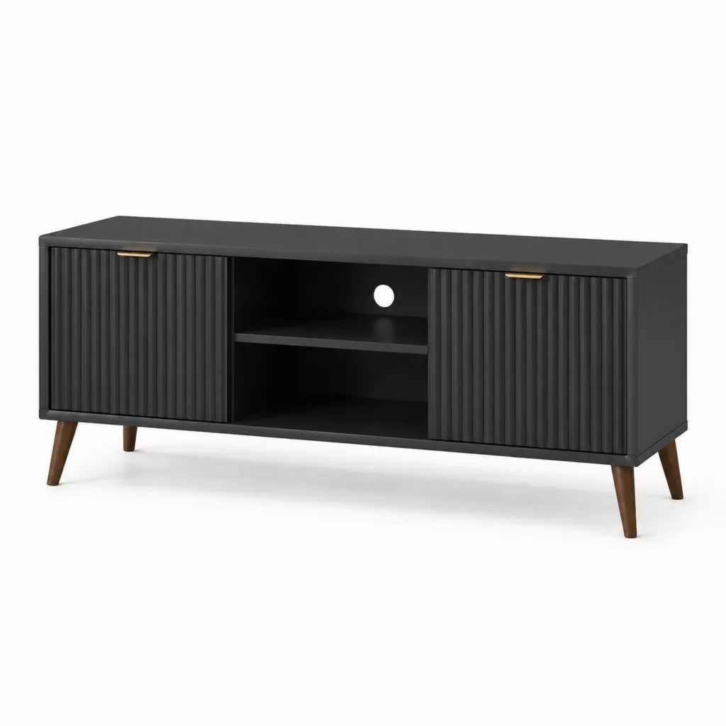 TV-Lowboard mit 2 Turen und offenen Fachern aus MDF rechteckig schwarz 140 x 40 x 55 cm
