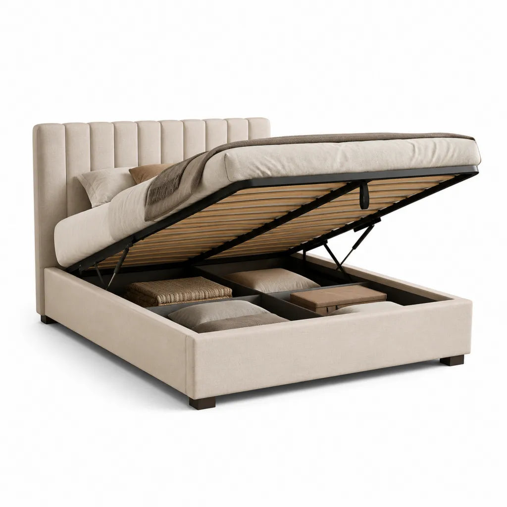 Stauraumbett Polsterbett 160 x 200 cm Polyester Beige Rechteckig mit Lattenrost und Gasdruckfeder