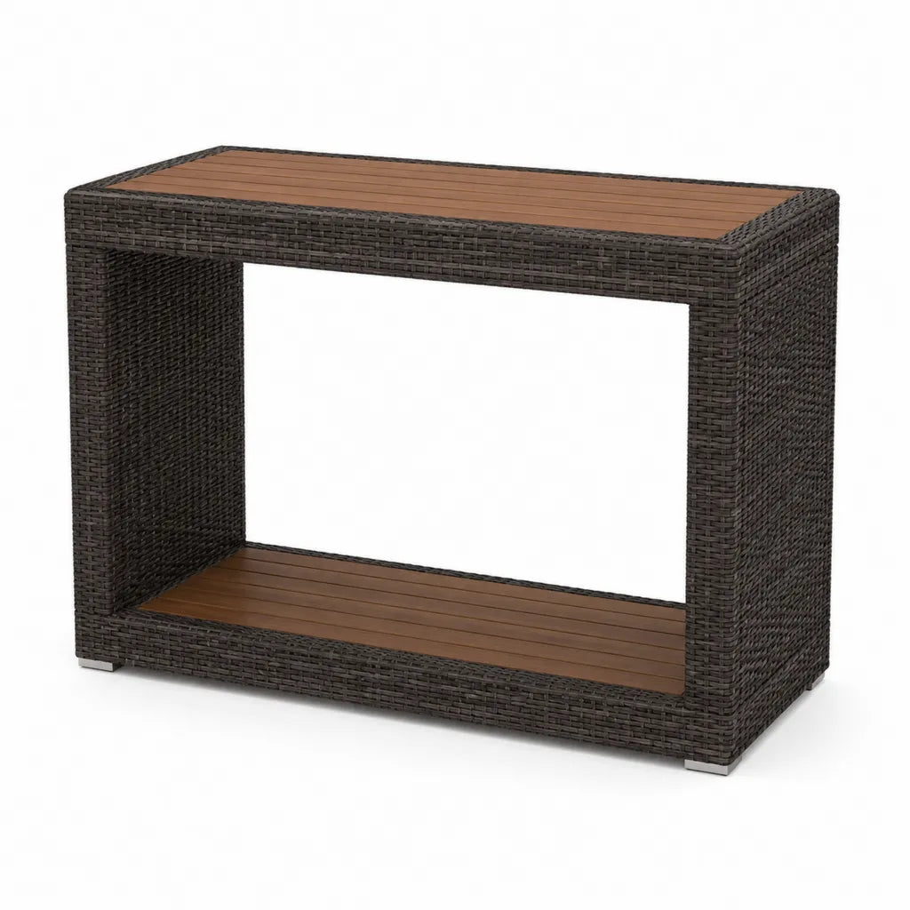 Rechteckiger Gartenbartisch 120 x 40 x 100 cm aus PE-Rattan und massivem Akazienholz in Braun Dunkelbraun