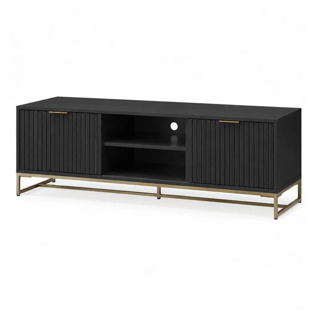 TV Lowboard 160 x 40 x 50 cm aus Spanplatte rechteckig Schwarz Gold mit 2 Turen und offenem Fach