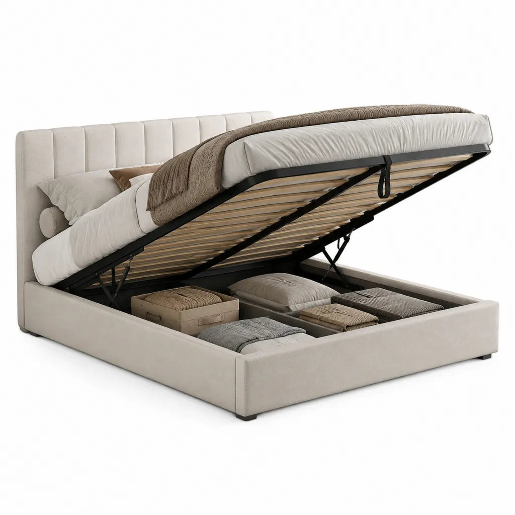 Polsterbett Stauraumbett mit hydraulischem Lattenrost 160 x 200 cm Polyester Beige