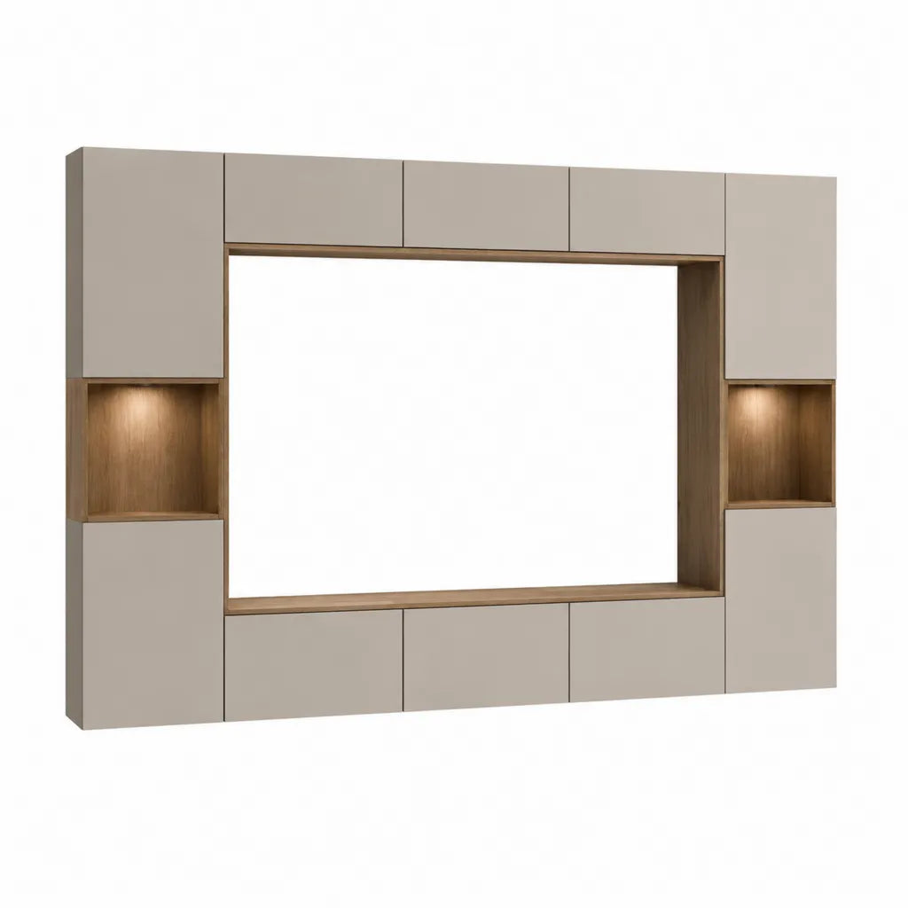 TV Wohnwand Set 240 x 200 x 35 cm aus Spanplatte und MDF rechteckig in Greige und Eiche