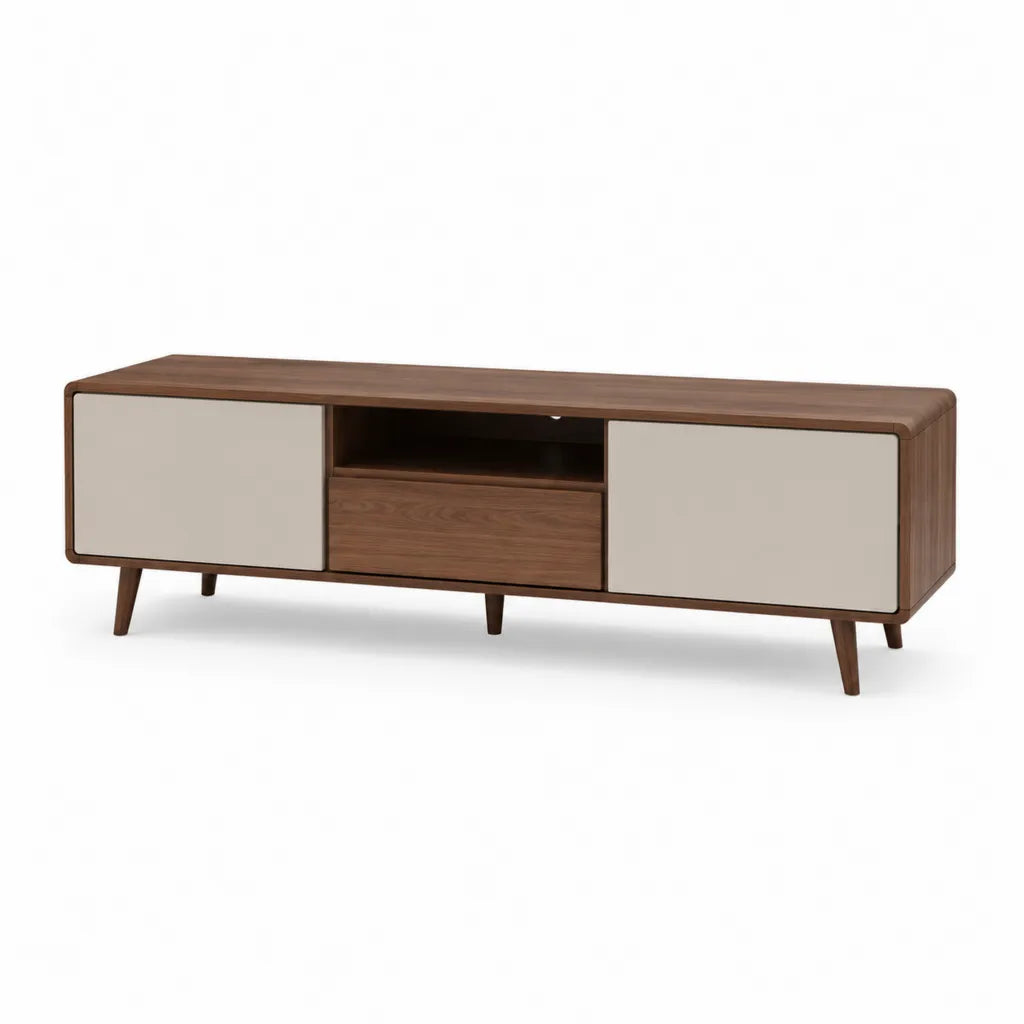 TV-Lowboard Fernsehtisch 180 x 40 x 55 cm MDF mit Walnussfurnier rechteckig Nussbraun Beige
