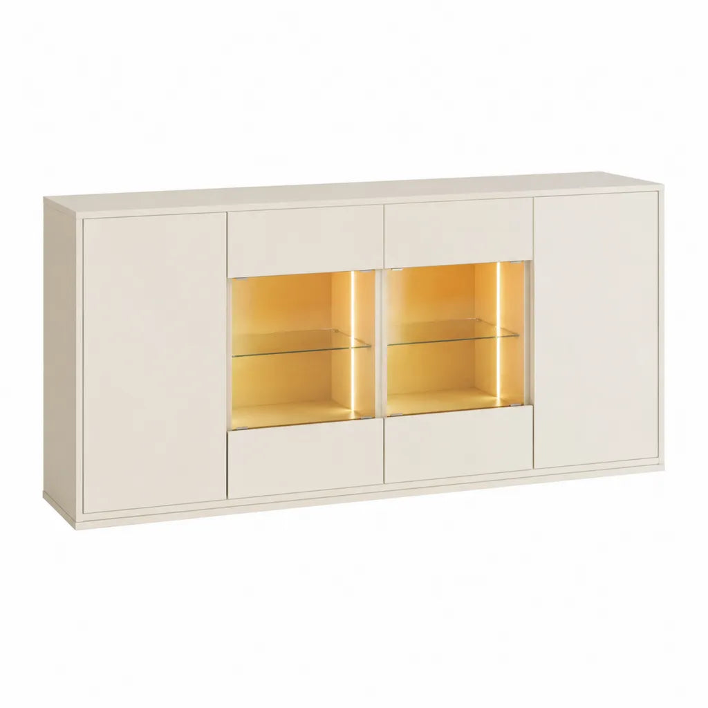 TV-Lowboard mit Vitrine und LED-Beleuchtung 180 x 40 x 100 cm Holzwerkstoff Glas Weiss