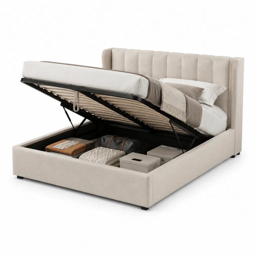 Polsterbett mit Stauraum und hydraulischem Lattenrost 160 x 200 cm Samt Polyester Beige