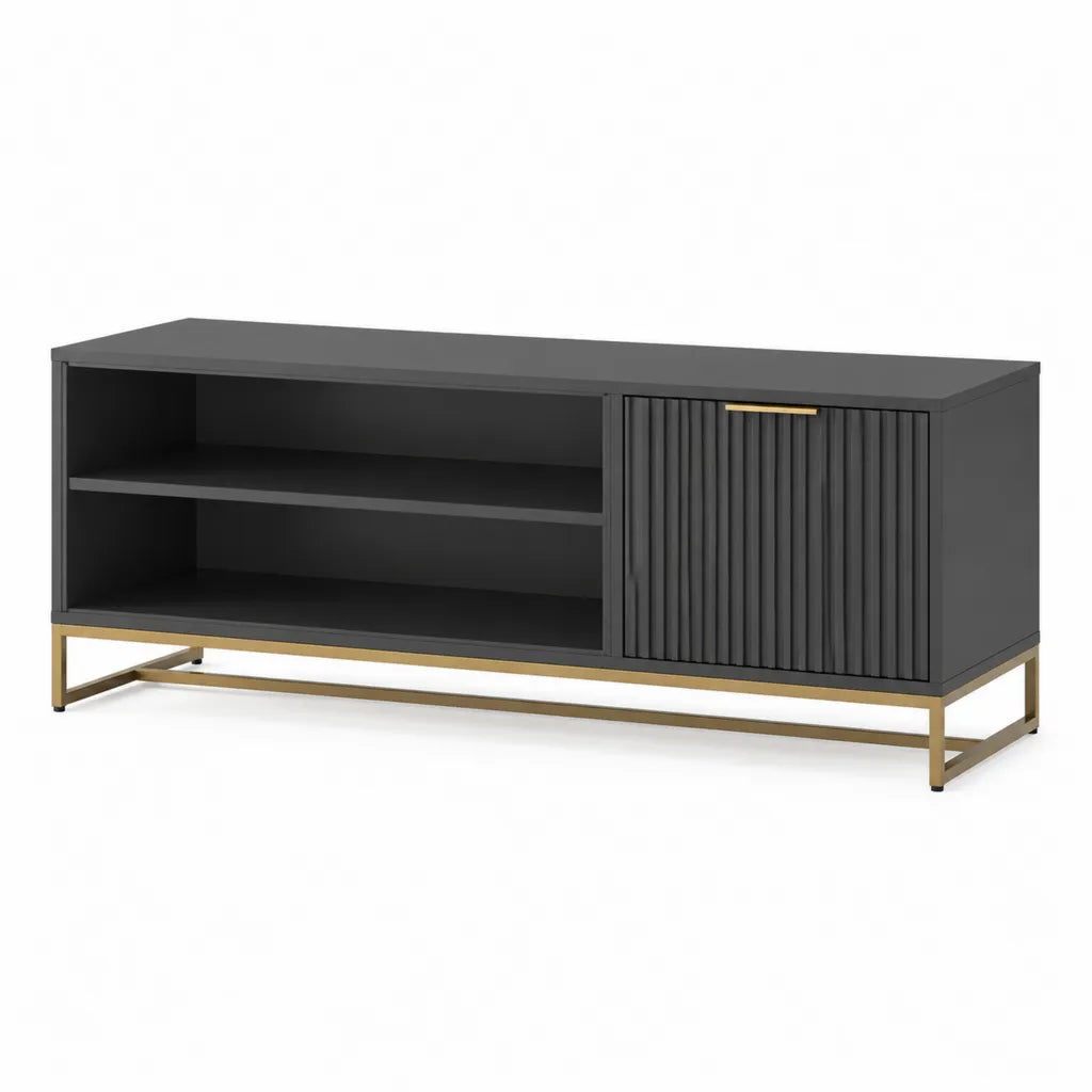TV-Lowboard mit 2 offenen Fachern und Schranktur aus MDF und Stahl rechteckig Schwarz Gold 140 x 40 x 60 cm