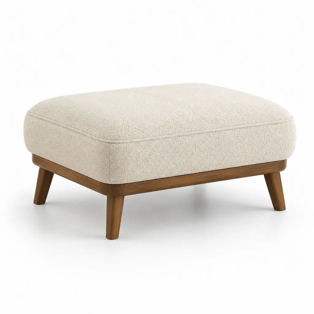 Fusshocker Polsterhocker 90 x 70 x 45 cm Boucle-Polyester rechteckig Creme mit Massivholzbeinen