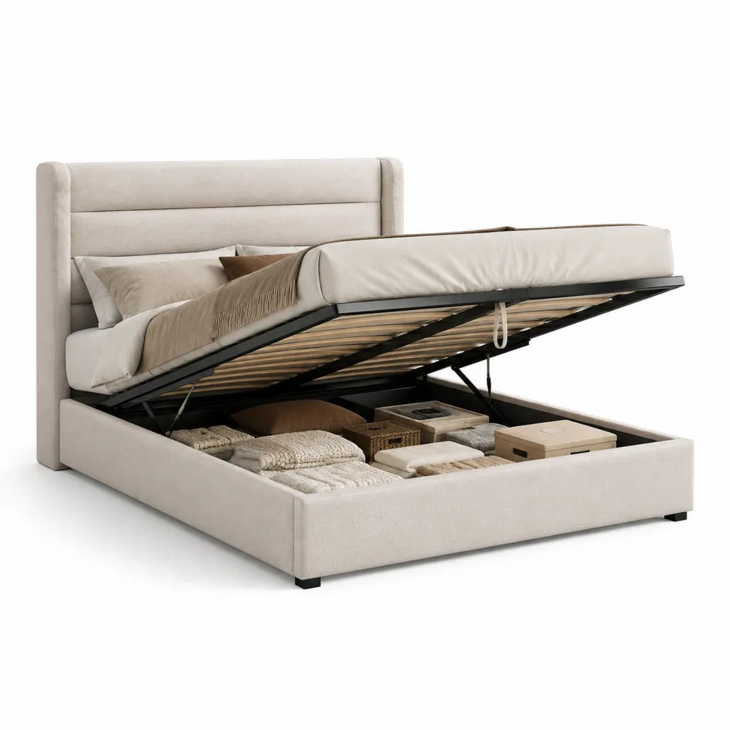 Stauraumbett Polsterbett mit Gasdruckfeder 180 x 200 cm Polyester Creme rechteckig