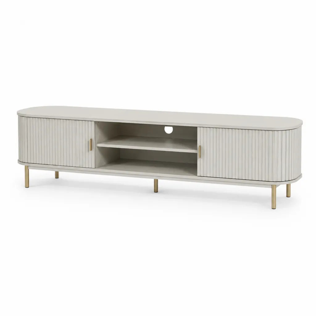 TV-Lowboard Fernsehschrank 180 x 40 x 55 cm MDF mit PVC-Folienkaschierung abgerundet Weiss Gold