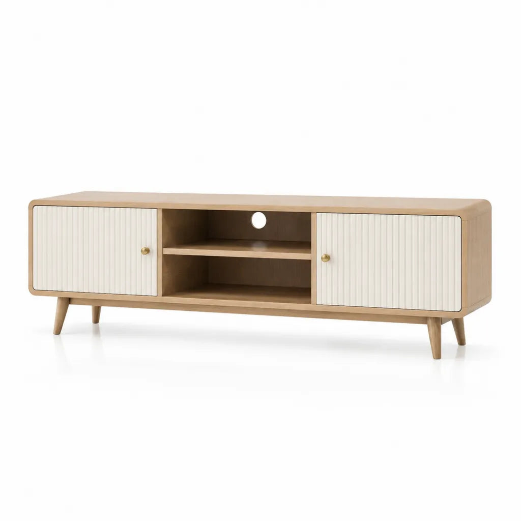 TV-Lowboard mit 2 Turen und offenen Fachern 160 x 40 x 55 cm MDF mit Eichenfurnier rechteckig Naturweiss